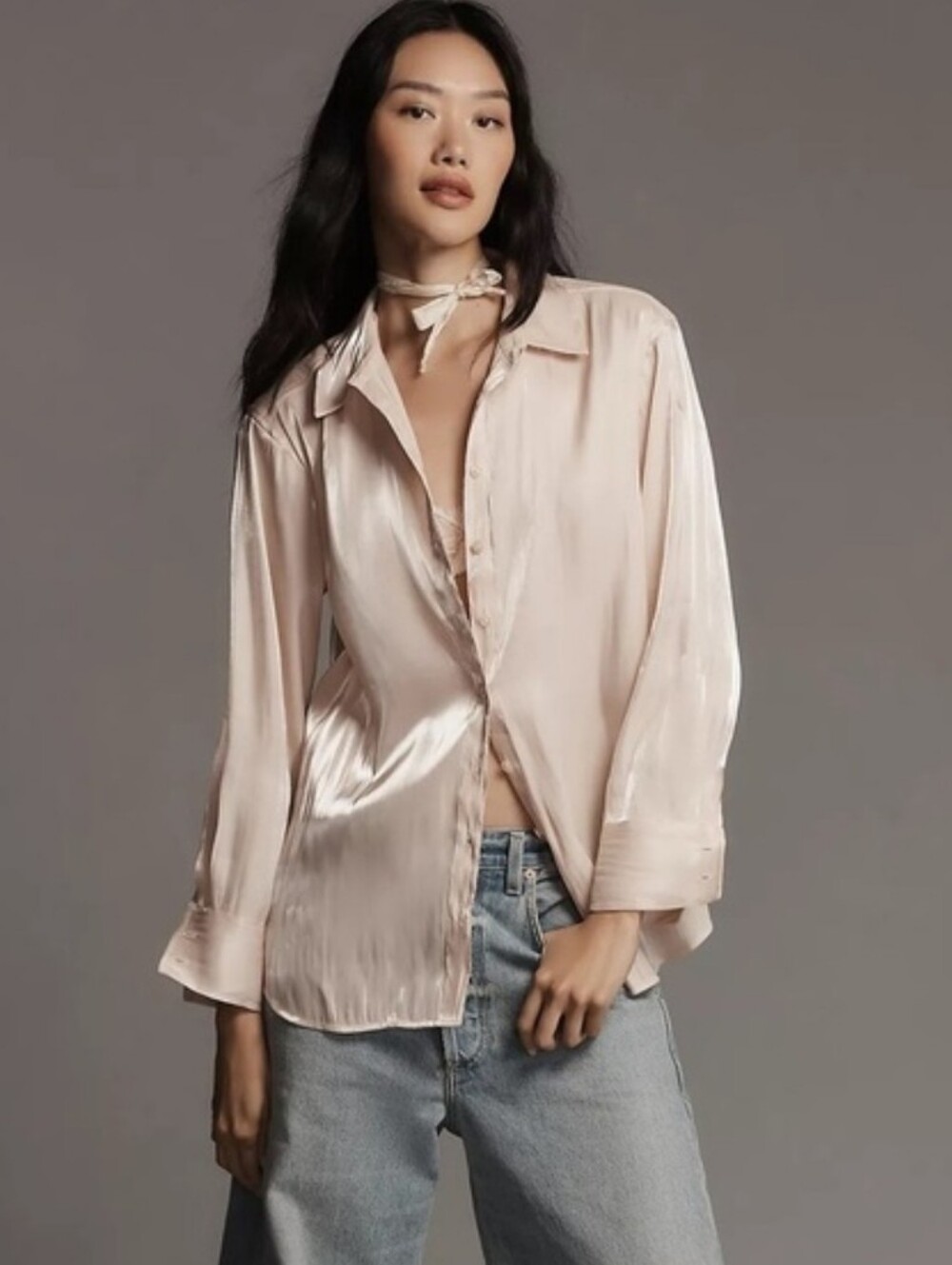 Anthropologie Crinkle Silky Iridescent Champagne Button Down Shirt Small